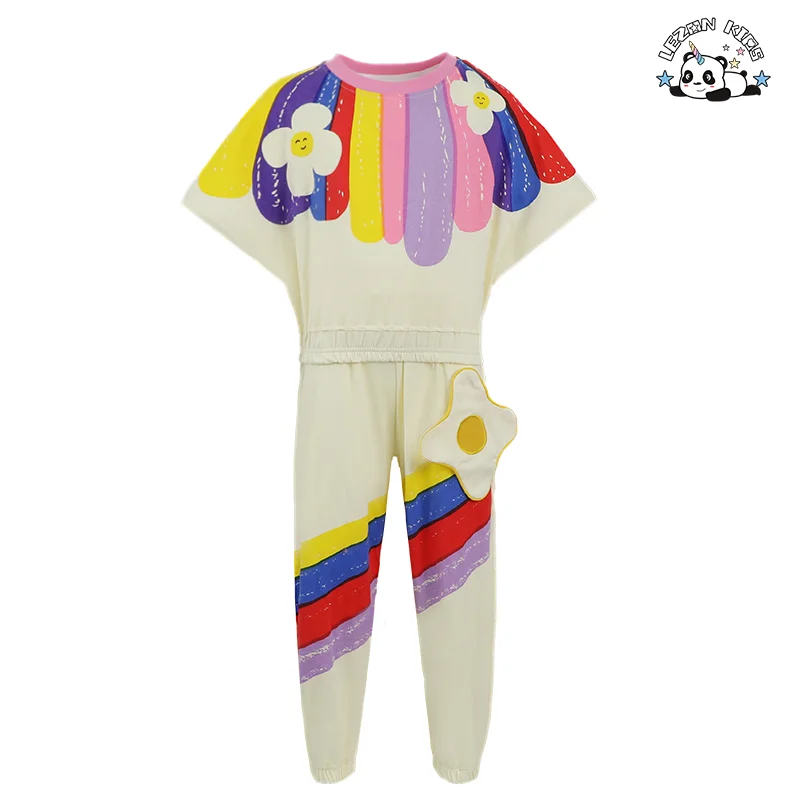 LEZONKIDS - OEM Customizable Kids New Outfit Rainbow Sunflower T-shirt Girls Casual Suit Short Sleeves Two-piece Set